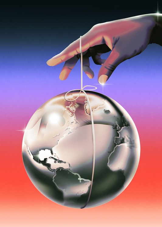 metallic globe on a string postcard